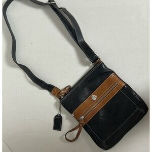 St. John's‎ Bay Mini Multi Pocket Genuine Leather Black Brown Crossbody Bag